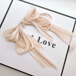 Elegante fermaglio per capelli con lungo fiocco champagne e dettagli in cristallo