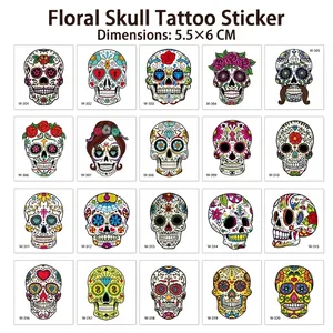 Colorful Day of the Dead sugar skull temporary tattoo stickers set for Halloween