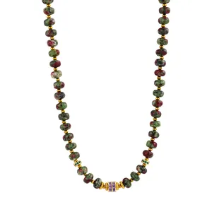 Detailed view of Ruby in Zoisite beaded necklace with gold-plated stainless steel spacers