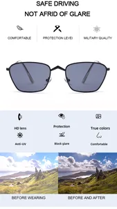 Infographic showing features of irregular metal frame sunglasses and polarized lens effects.