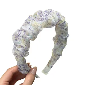Purple floral pleated puffy headband for high-cranial top hairstyle look