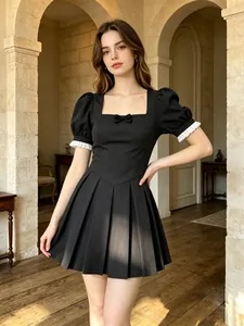 French Vintage Square Neck Puff Sleeve Mini Dress Women Summer Solid Black Short Sleeve Pleated Little Black Dress Preppy Dress