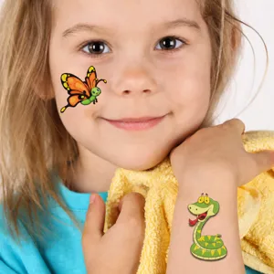 Kids cartoon animal temporary tattoo stickers, cute butterfly and snake designs for fun play.