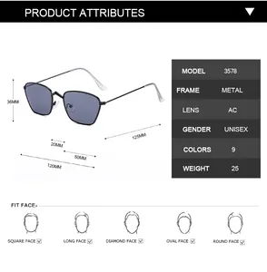 Detailed dimensions and attributes for irregular metal frame sunglasses with face fit guide