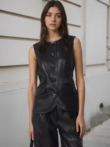 Women PU Leather Slim Fit Vest Round Neck Button Decor Waistcoat With Flap Pockets Solid Black Casual Sleeveless Top