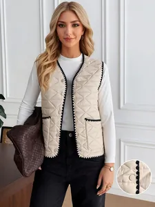 Women Quilted Padded Vest Color Block Scalloped Trim Button Down Sleeveless Jacket Polyester Regular Fit Waistcoat Top With Pockets