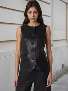 Slim fit black faux leather sleeveless vest with round neck and front flap pockets
