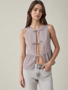 Damen Kariert Ärmellos Weste Top Sommer Schnürung Vorne Ausschnitt Slim Fit Peplum Saum Gingham Weste Shirt Für Damen