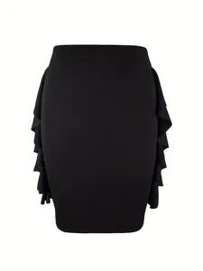 Detail shot of black knitted bodycon skirt featuring elegant double side ruffled edges