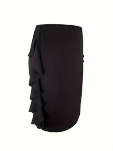 Macro view of a black knitted bodycon pencil skirt featuring elegant cascading side ruffles