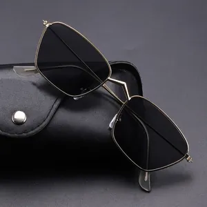 Vintage irregular metal frame sunglasses for women with dark lenses and leather case