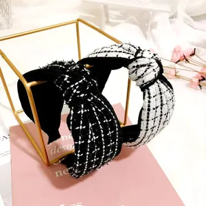 Cerchietto in Tweed a Quadri Retrò Fascia per Capelli con Nodo a Bordo Largo per Donna Antiscivolo Elegante Accessori Moda