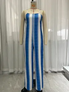 Elegant summer sleeveless blue and white vertical striped cami jumpsuit shown on mannequin