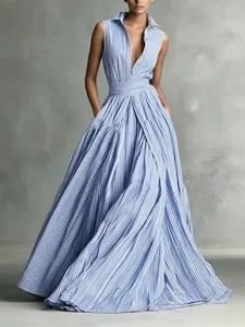 Vestido Maxi de Mujer Retro Americano con Cuello POLO de Rayas Sin Mangas Elegante con Lazo en la Cintura Línea A Falda de Gran Vuelo de Algodón Poliéster Vestido Largo con Bolsillos