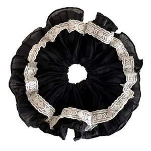 Elegante elastico per capelli a pieghe nero in stile francese con pizzo bianco e elastico