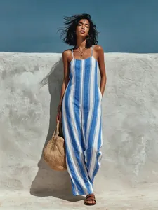 Elegant blue and white vertically striped sleeveless jumpsuit for summer fashion.
