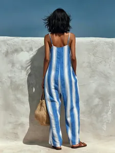 Rear view of a blue and white striped sleeveless jumpsuit in a summery outdoor setting