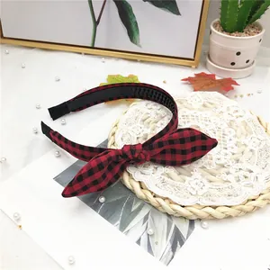 Red and black plaid bunny ear headband for women, Korean style fabric hair hoop