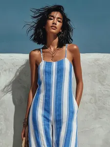 Elegantly styled blue and white striped sleeveless camisole jumpsuit for the summer.
