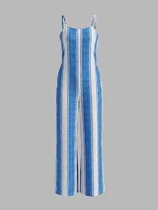 Full-length view of a blue and white vertical striped sleeveless jumpsuit with thin straps.