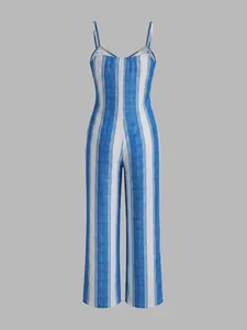 Elegant blue and white vertical striped sleeveless camisole jumpsuit for summer wear