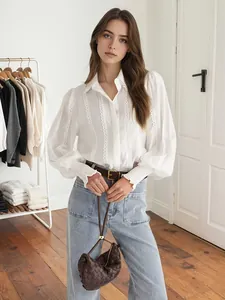 Women Elegant Lace Lapel Lantern Sleeve White Shirt Casual Solid Color Office Commuter Blouse Long Sleeve Pleated Cuff Top