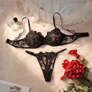 Sexy Rose Embroidery Lingerie Set For Women Perspective Mesh Underwire Bra And Thong Top And Bottom Lingerie Nightwear