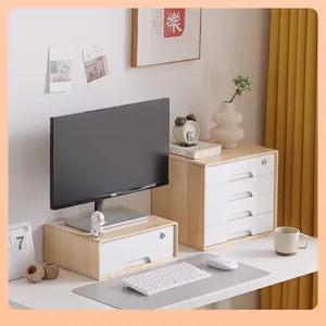 Minimalist wooden desktop storage cabinet with drawers and monitor riser stand
