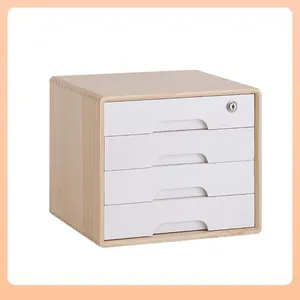Minimalist wooden desktop storage organizer with 4 lockable white drawers for office use