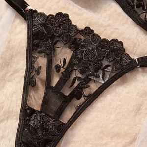 Close-up of exquisite black rose embroidery on sheer mesh sexy lingerie detail view