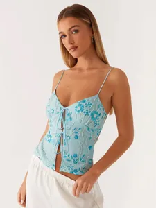 Sexy light blue sequined camisole top with deep V-neck, front ties and floral embroidery
