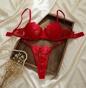 Detailed macro view of red lace lingerie set with elegant rose embroidery design