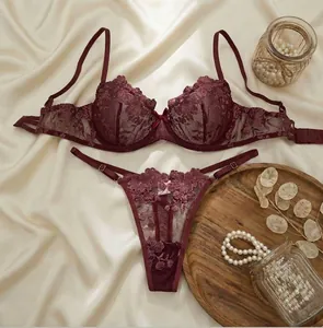 Elegant burgundy rose embroidered sheer lace lingerie set with pearl decorations