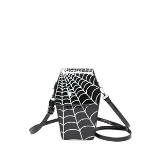 Gothic coffin shaped Halloween crossbody bag with white spider web print on black patent leather