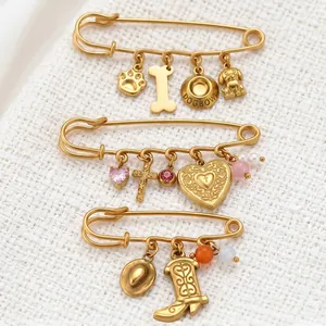 Broche en Acier Inoxydable Vintage pour Femmes Hommes Or Électroplaqué Épingle de Sûreté Chapeau de Cowboy Coeur Thème Chien Bijoux de Fête