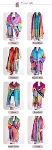 Vues détaillées des châles ethniques en jacquard paisley multicolore avec des franges
