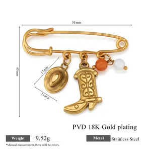 Broche épingle en acier inoxydable avec breloques de bottes et chapeau de cowboy