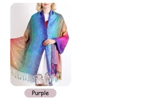 Châle ethnique coloré pour femme avec jacquard et pompons en violet