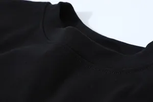 Close-up of the ribbed round neckline on a high-quality 230g black long sleeve T-shirt.