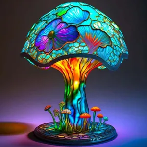 Prachtige glas-in-lood paddenstoel tafellamp met bloemmotieven en regenboogstengel