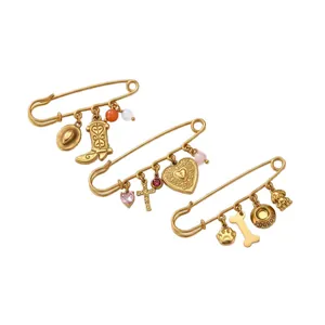 Lot de trois broches épingles de sûreté dorées en acier inoxydable avec breloques western