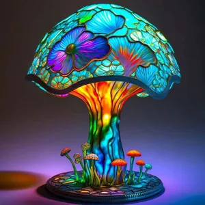 Levendige Tiffany-stijl glas-in-lood paddenstoel tafellamp met kleurrijke bloemen