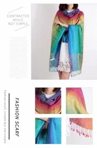 Vues détaillées montrant la texture paisley et les glands colorés de cette écharpe arc-en-ciel