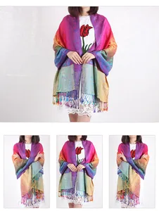 Detailed views of a colorful rainbow ethnic shawl with tassels on an Asian model