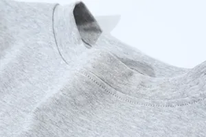 Detailed close-up view of the ribbed round neckline on a grey cotton t-shirt