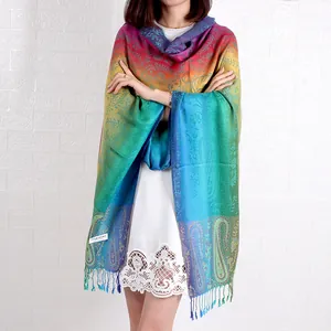 Bohemian rainbow gradient jacquard scarf with tassels for women, colorful cotton shawl