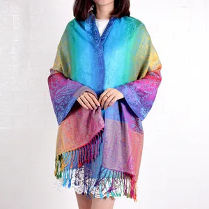 Rainbow paisley jacquard shawl with tassels, large ethnic cotton linen scarf for women