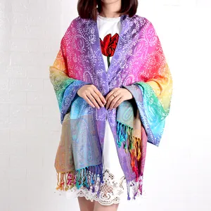 Bohemian rainbow jacquard cotton linen large scarf with fringe tassels for women