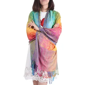 Elegant colorful ethnic style paisley floral shawl with tassels for women in summer