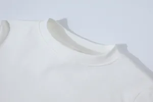 Detail view of a white slim-fit round neck long sleeve t-shirt neckline.